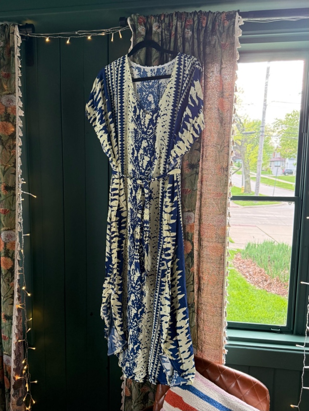 Blue & White Boho Caftan Maxi Dress | Oversized Resort Cover-Up | XL Fit
